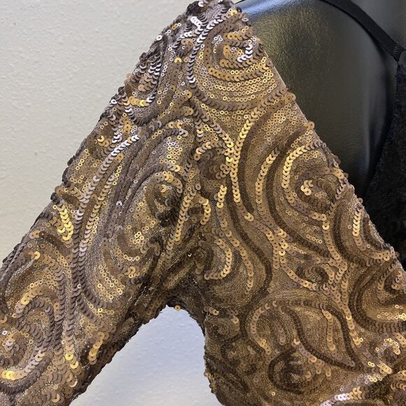 Badgley Mischka Collection Women's Sequin Gown Size 8 Bronze Long-Sleeve V-Back - Picture 5 of 10